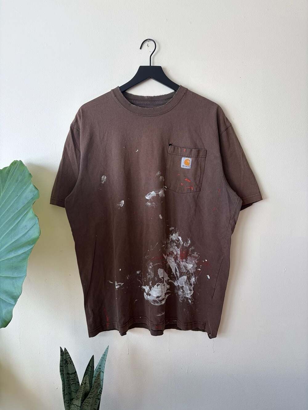 Carhartt Pocket T-Shirt Size L Brown Distressed Paint Splatter